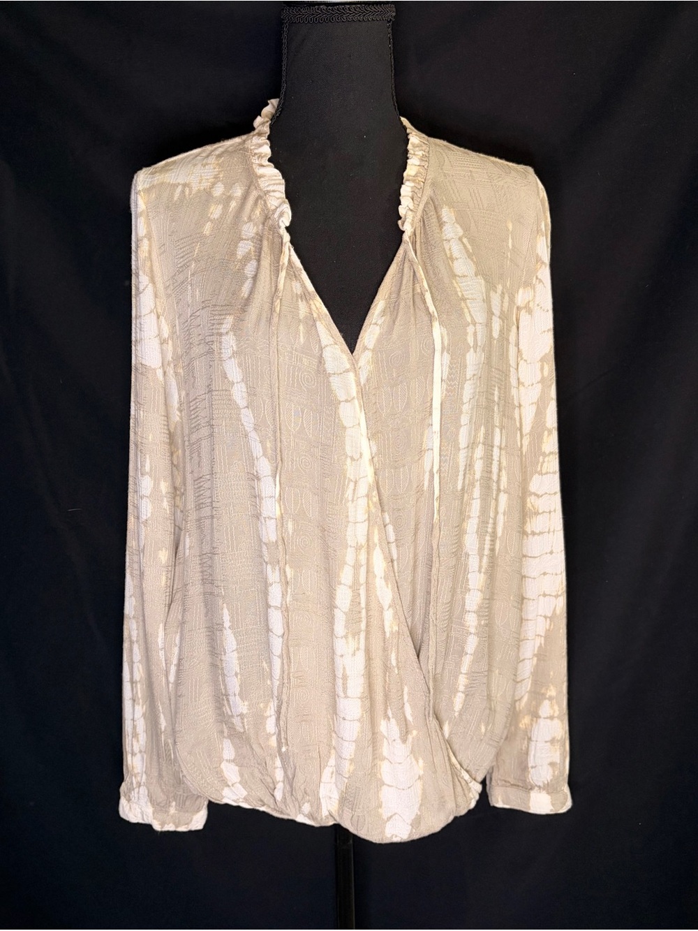 Knox Rose XS Taupe Tie Dye Faux Wrap Blouse Long Sleeve Top boho cottage crop